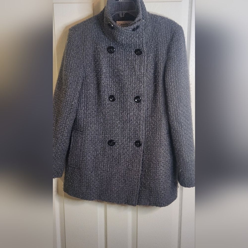Calvin Klein 10 Gray DoubleBreasted Pockets WOOLBlend LinedButtons Women PeaCoat